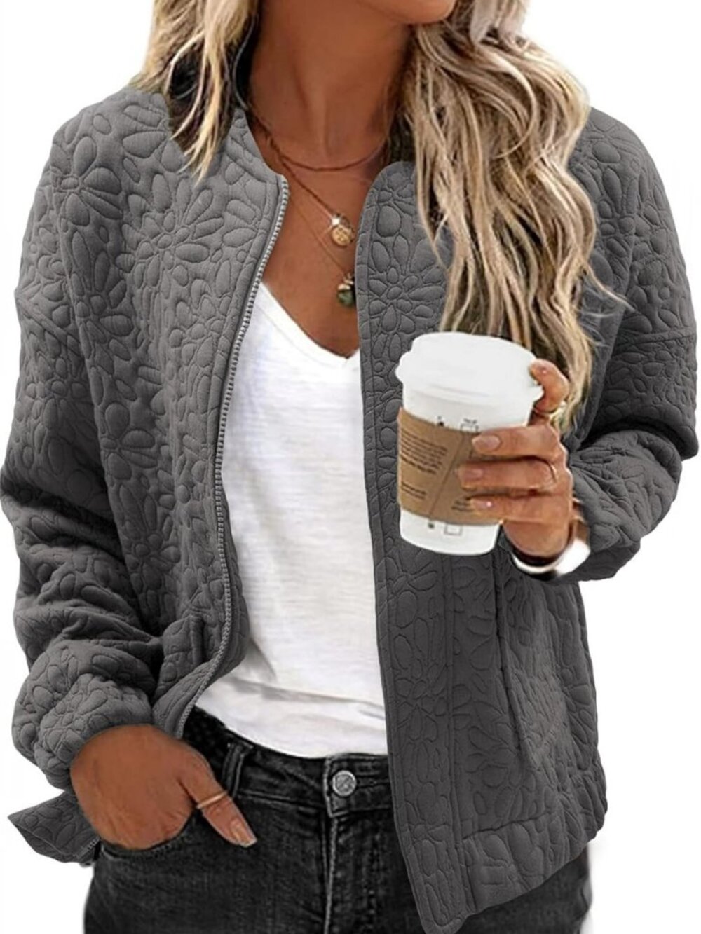 Stylish Women's Jacquard Bomber Jacket - Zip Up Coat with Pockets, Trendy